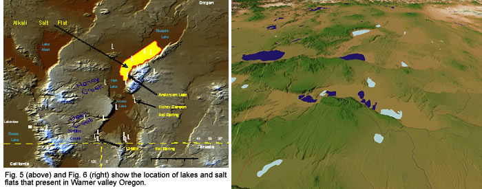 Fig. 5 (above) and Fig. 6 (right) show the location of lakes and salt flats that present in Warner valley Oregon.